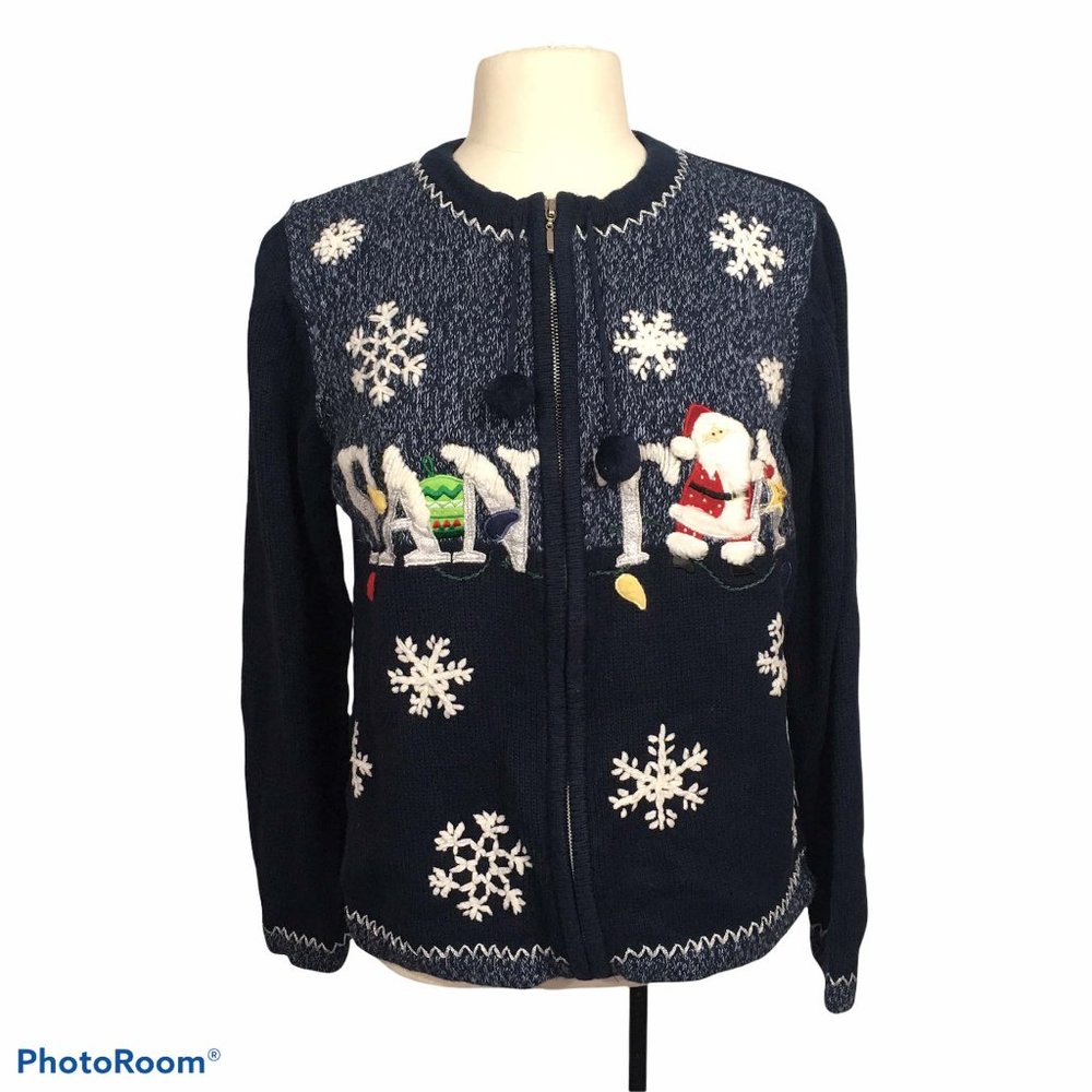 Vintage Santa‎ Snowflakes Ugly Christmas Sweater L